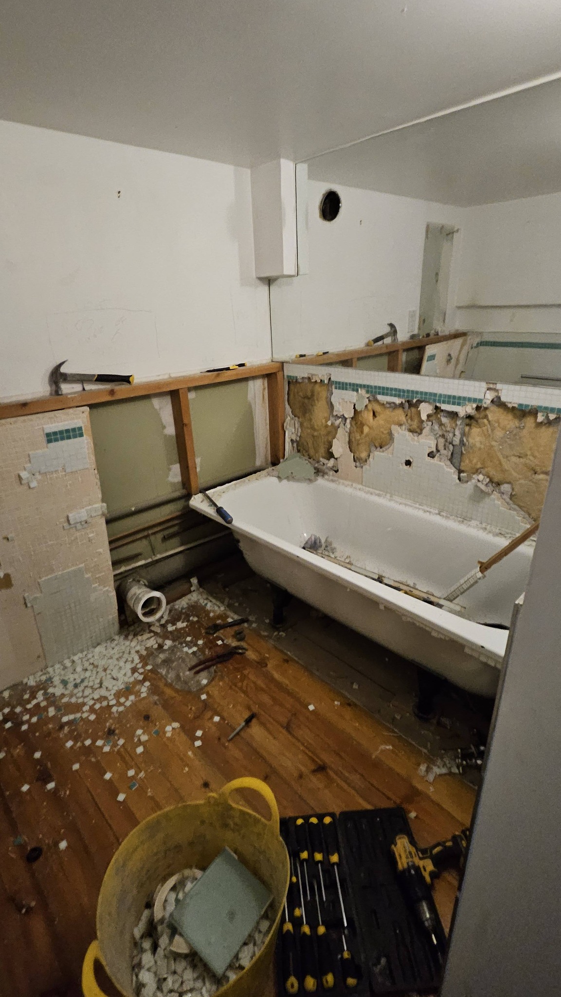 Before: Stripped bathroom with exposed walls